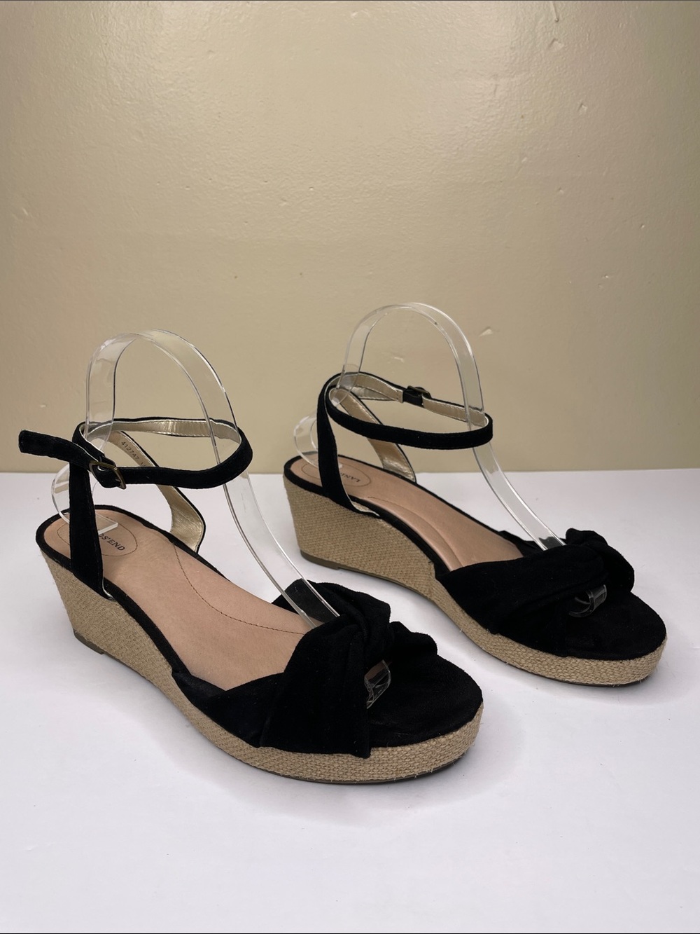 LANDS’ END Leather Suede Black Wedge Espadrille Knotted Sandals 412747 Size 9B